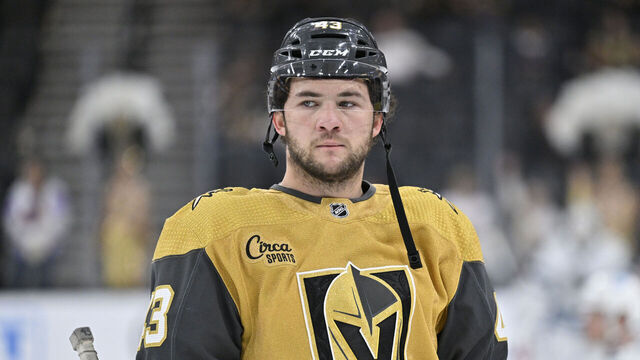 LAS VEGAS, NEVADA - NOVEMBER 10: Paul Cotter #43 of the Vegas Golden Knights warms up prior to a game against the San Jose Sharks at T-Mobile Arena on November 10, 2023 in Las Vegas, Nevada.