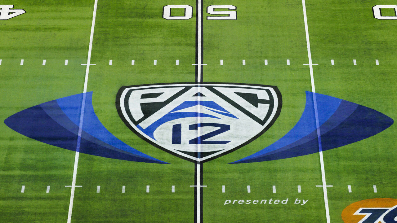 LAS VEGAS, NV - DECEMBER 02: Detail view of PAC-12 logo paint on the field from an elevated position during the Pac-12 Championship football game between Utah Utes and USC Trojans on December 2, 2022 at Allegiant Stadium in Las Vegas, NV.