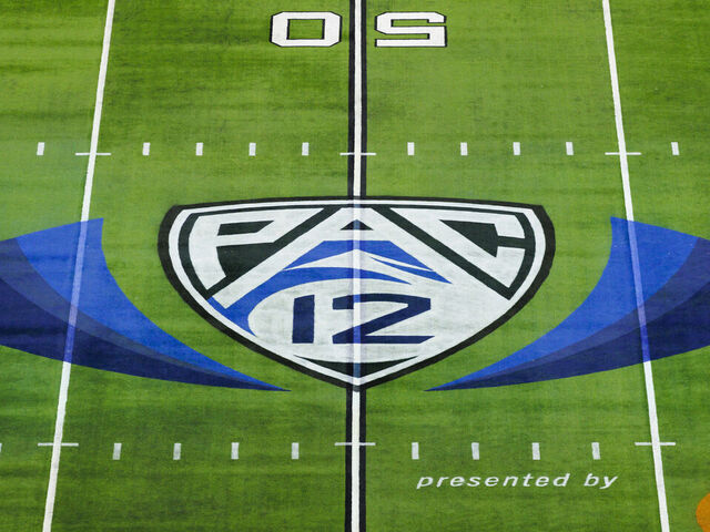LAS VEGAS, NV - DECEMBER 02: Detail view of PAC-12 logo paint on the field from an elevated position during the Pac-12 Championship football game between Utah Utes and USC Trojans on December 2, 2022 at Allegiant Stadium in Las Vegas, NV.