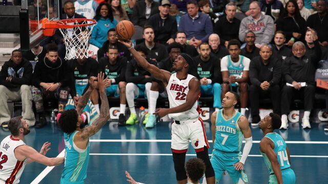CHARLOTTE, NC - NOVEMBER 14: Jimmy Butler #22 of the Miami Heat drives to the basket during the game against the Charlotte Hornets during the In-Season Tournament on November 14, 2023 at Spectrum Center in Charlotte, North Carolina. Mandatory Copyright Notice: Copyright 2023 NBAE