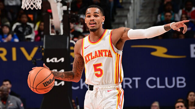 DETROIT, MI - NOVEMBER 14: Dejounte Murray #5 of the Atlanta Hawks sets the play during the game against the Detroit Pistons during the In-Season Tournament on November 14, 2023 at Little Caesars Arena in Detroit, Michigan. NOTE TO USER: User expressly acknowledges and agrees that, by downloading and/or using this photograph, User is consenting to the terms and conditions of the Getty Images License Agreement. Mandatory Copyright Notice: Copyright 2023 NBAE