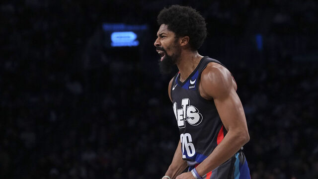 NEW YORK, NEW YORK - NOVEMBER 12: Spencer Dinwiddie #26 of the Brooklyn Nets reacts against the Washington Wizards at Barclays Center on November 12, 2023 in the Brooklyn borough of New York City. The Nets defeated the Wizards 102-94.