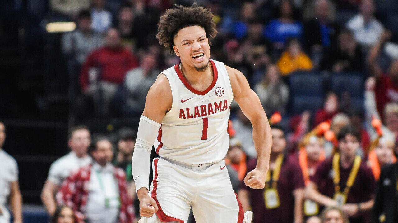 NASHVILLE, TENNESSEE - MARCH 12: Mark Sears #1 of the Alabama Crimson Tide reacts to scoring a three point basket against the Texas A&M Aggies in the first half during the finals of the 2023 SEC Men's Basketball Tournament at Bridgestone Arena on March 12, 2023 in Nashville, Tennessee.