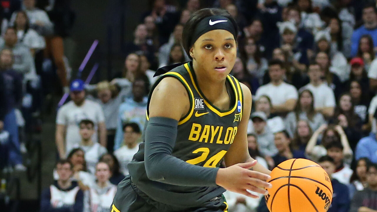 STORRS, CT - MARCH 20: Baylor Bears guard Sarah Andrews (24) with the ball during the Baylor Bears versus the UConn Huskies game in the Second Round of the NCAA Women's Basketball Championship Seattle Regional 3 on March 20, 2023, at Gampel Pavilion in Storrs, CT.