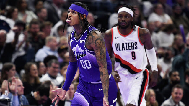 SALT LAKE CITY, UTAH - NOVEMBER 14: Jordan Clarkson #00 of the Utah Jazz celebrates his three-point shot during the second half of an NBA In-Season Tournament game against the Portland Trail Blazers at Delta Center on November 14, 2023 in Salt Lake City, Utah.