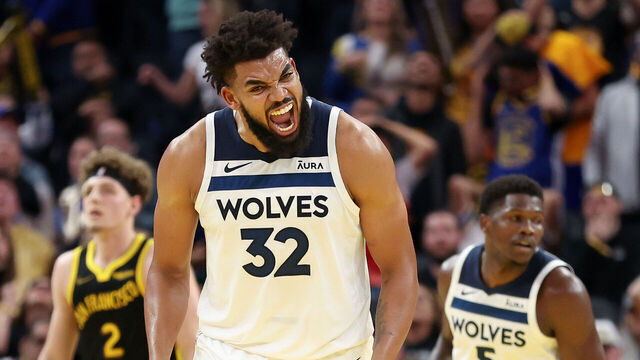 SAN FRANCISCO, CALIFORNIA - NOVEMBER 14: Karl-Anthony Towns #32 of the Minnesota Timberwolves reacts after making a three-point basket against the Golden State Warriors at Chase Center on November 14, 2023 in San Francisco, California.