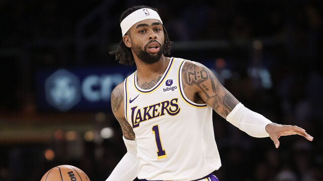 LOS ANGELES, CALIFORNIA - NOVEMBER 12: D'Angelo Russell #1 of the Los Angeles Lakers handles the ball in the second half against the Portland Trail Blazers at Crypto.com Arena on November 12, 2023 in Los Angeles, California.