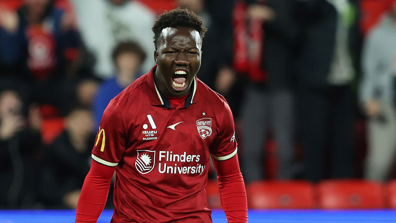 ADELAIDE, AUSTRALIA - MAY 05: Nestory Irankunda of Adelaide United reacts after Craig Goodwin of United. awarded a free kick during the A-League Men's Elimination Final match between Adelaide United and Wellington Phoenix at Coopers Stadium on May 05, 2023, in Adelaide, Australia.