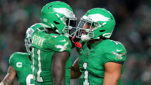 PHILADELPHIA, PENNSYLVANIA - OCTOBER 22: Jalen Hurts #1 talks with A.J. Brown #11 of the Philadelphia Eagles during the second half of a game against the Miami Dolphins at Lincoln Financial Field on October 22, 2023 in Philadelphia, Pennsylvania.
