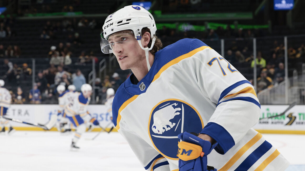 BOSTON, MA - MARCH 02: Buffalo Sabres center Tage Thompson (72) skates in warm up before a game between the Boston Bruins and the Buffalo Sabres on March 2, 2023, at TD Garden in Boston, Massachusetts.