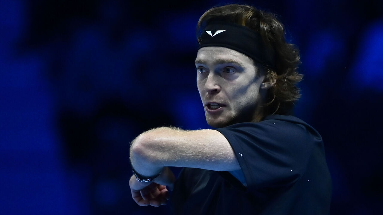 TURIN, ITALY - NOVEMBER 15: Andrey Rublev reacts in their Men's Single's Nitto ATP match during day four of the Nitto ATP Finals at Pala Alpitour on November 15, 2023 in Turin, Italy.
