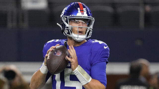 ARLINGTON, TEXAS - NOVEMBER 12: Tommy DeVito #15 of the New York Giants looks to pass during the first half of the game against the Dallas Cowboys at AT&T Stadium on November 12, 2023 in Arlington, Texas.