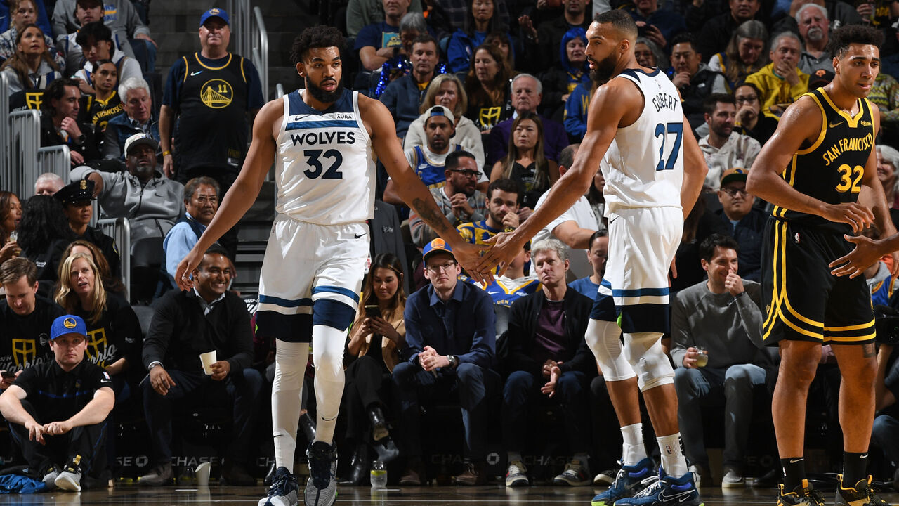 SAN FRANCISCO, CA - NOVEMBER 14: Karl-Anthony Towns #32 and Rudy Gobert #27 of the Minnesota Timberwolves high five during the game during the In-Season Tournament on November 14, 2023 at Chase Center in San Francisco, California. NOTE TO USER: User expressly acknowledges and agrees that, by downloading and or using this photograph, user is consenting to the terms and conditions of Getty Images License Agreement. Mandatory Copyright Notice: Copyright 2023 NBAE