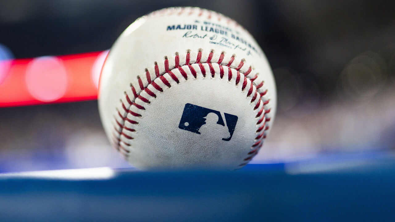 TORONTO, ON - JUNE 23: An official Rawlings Major League Baseball with a MLB logo is seen before the Toronto Blue Jays play the Oakland Athletics in their MLB game at the Rogers Centre on June 23, 2023 in Toronto, Ontario, Canada.