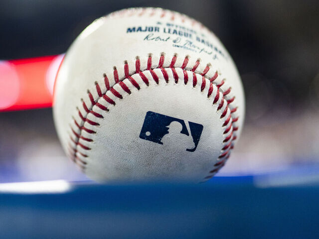 TORONTO, ON - JUNE 23: An official Rawlings Major League Baseball with a MLB logo is seen before the Toronto Blue Jays play the Oakland Athletics in their MLB game at the Rogers Centre on June 23, 2023 in Toronto, Ontario, Canada.