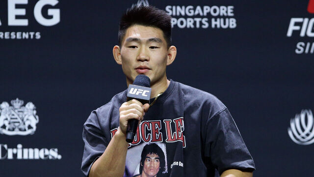 SINGAPORE, SINGAPORE - AUGUST 25: Song Yadong is seen during a Q&A session after the UFC Fight Night ceremonial weigh-in at Singapore Indoor Stadium on August 25, 2023 in Singapore.