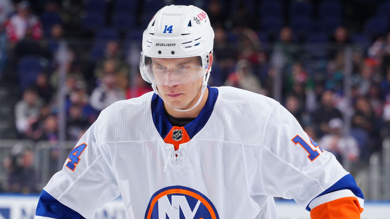 ELMONT, NEW YORK - OCTOBER 30: Bo Horvat #14 of the New York Islanders in action against the Detroit Red Wings at UBS Arena on October 30, 2023 in Elmont, New York. Detroit Red Wings defeated the New York Islanders 4-3 in OT