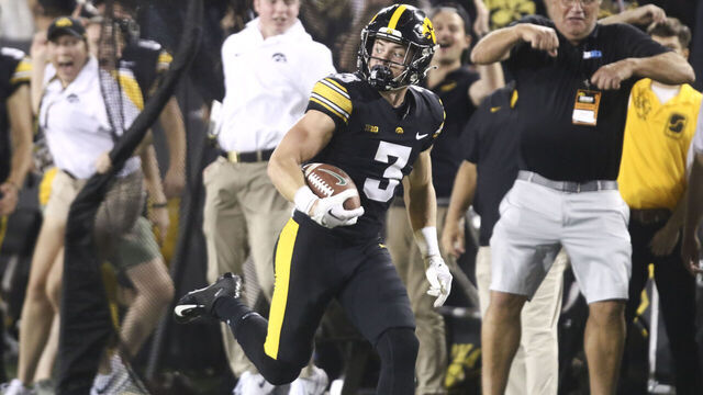 IOWA CITY, IOWA- SEPTEMBER 30: Defensive back Cooper DeJean #3 of the Iowa Hawkeyes runs a punt return down the sideline during the second half against the Michigan State Spartans at Kinnick Stadium on September 30, 2023 in Iowa City, Iowa.