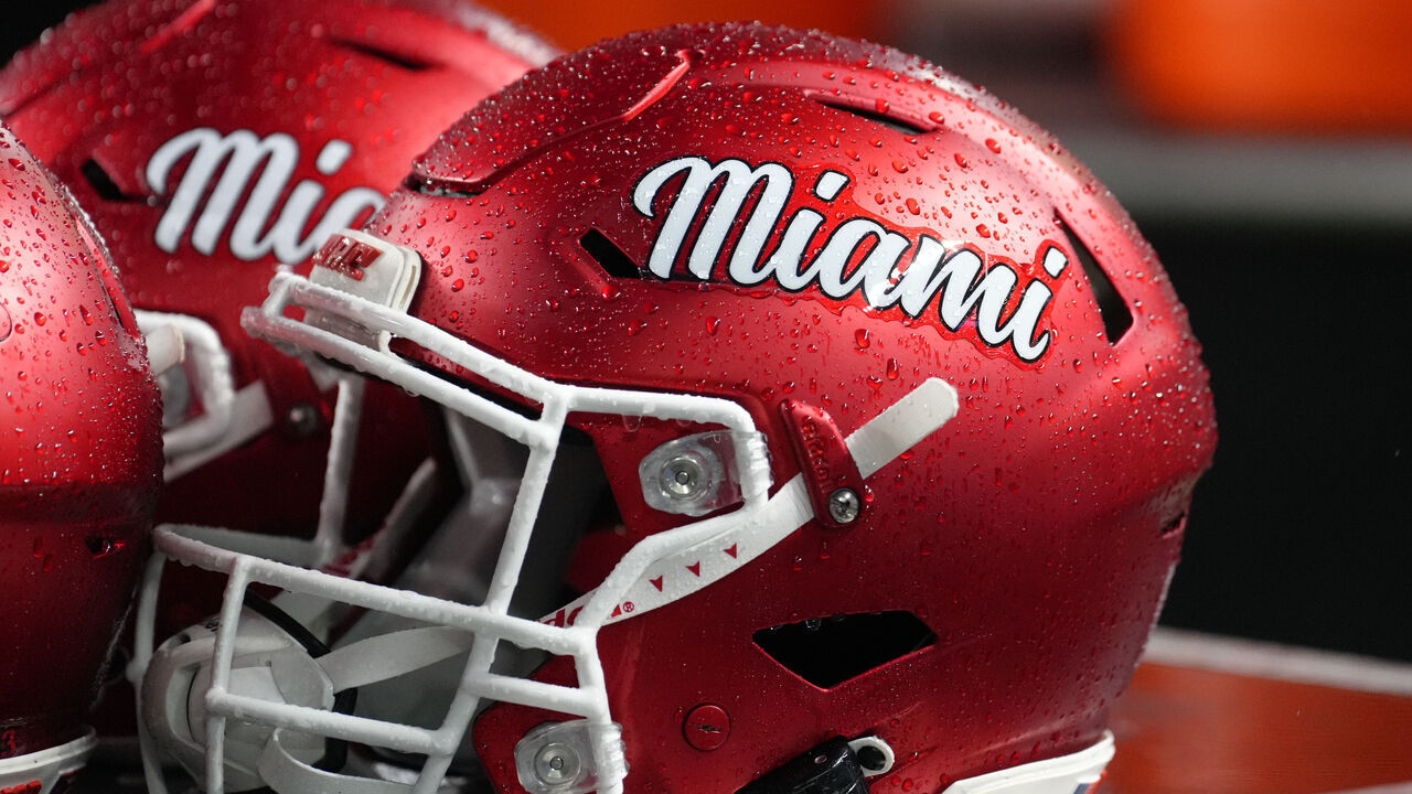 MIAMI GARDENS, FL - SEPTEMBER 01: Miami (Oh) Redhawks helmet rests on a case during the game between the Miami (Ohio) Redhawks and the Miami (FL) Hurricanes on Friday, September 1, 2023 at Hard Rock Stadium, Miami Gardens, Fla.