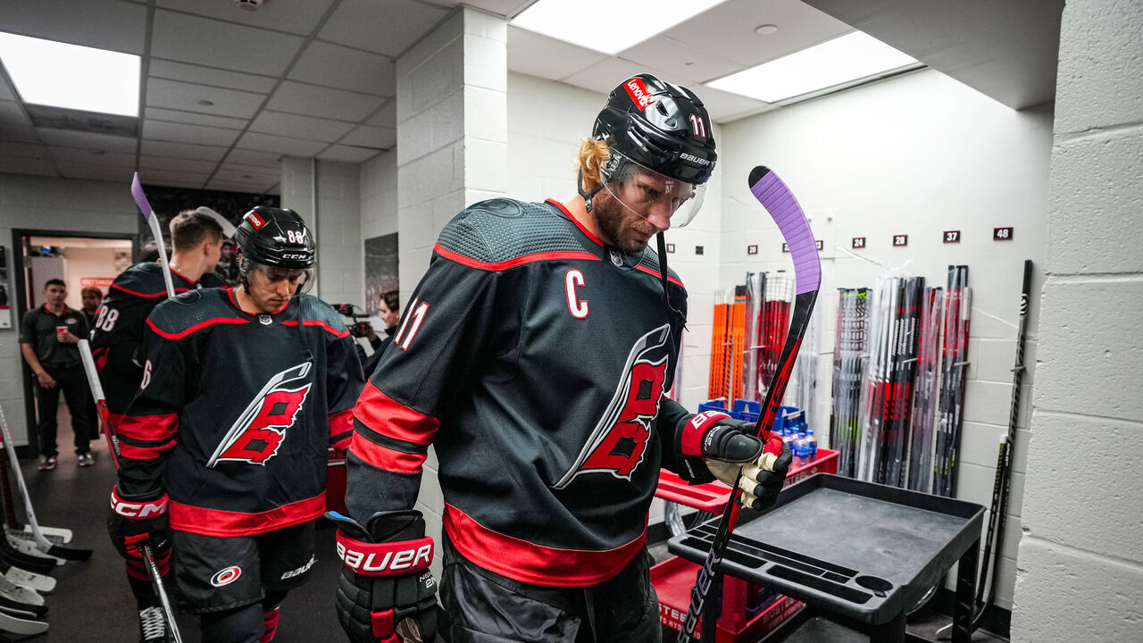 RALEIGH, NORTH CAROLINA - NOVEMBER 15: Jordan Staal #11 of the Carolina Hurricanes in the locker room prior to a game against the Philadelphia Flyers at PNC Arena on November 15, 2023 in Raleigh, North Carolina.