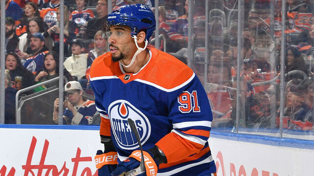 EDMONTON, CANADA - NOVEMBER 13: Evander Kane #91 of the Edmonton Oilers skates during the game against the New York Islanders at Rogers Place on November 13, 2023, in Edmonton, Alberta, Canada.