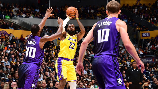 LOS ANGELES, CA - NOVEMBER 15: LeBron James #23 of the Los Angeles Lakers shoots the ball during the game against the Sacramento Kings on November 15, 2023 at Crypto.Com Arena in Los Angeles, California. NOTE TO USER: User expressly acknowledges and agrees that, by downloading and/or using this Photograph, user is consenting to the terms and conditions of the Getty Images License Agreement. Mandatory Copyright Notice: Copyright 2023 NBAE