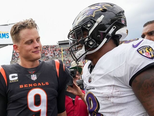 CINCINNATI, OHIO - SEPTEMBER 17: Joe Burrow #9 of the Cincinnati Bengals and Lamar Jackson #8 of the Baltimore Ravens meet after the Ravens beat the Bengals 27-24 at Paycor Stadium on September 17, 2023 in Cincinnati, Ohio.