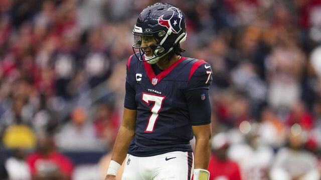 HOUSTON, TX - NOVEMBER 05: C.J. Stroud #7 of the Houston Texans looks on from the field during an NFL football game against the Tampa Bay Buccaneers at NRG Stadium on November 5, 2023 in Houston, Texas.