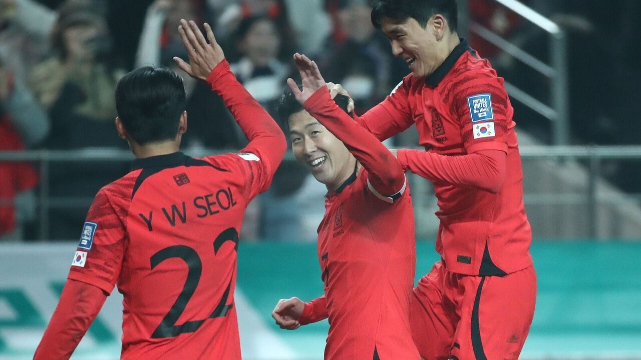 SEOUL, SOUTH KOREA - NOVEMBER 16: Son Heung-min of South Korea celerates after scores team's third goal during the FIFA World Cup Asian 2nd qualifier match between South Korea and Singapore at Seoul World Cup Stadium on November 16, 2023 in Seoul, South Korea.