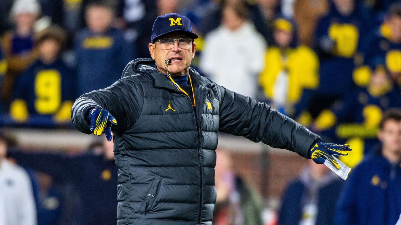 ANN ARBOR, MICHIGAN - NOVEMBER 04: Head Football Coach Jim Harbaugh of the Michigan Wolverines is seen on the field before a college football game against the Purdue Boilermakers at Michigan Stadium on November 04, 2023 in Ann Arbor, Michigan.