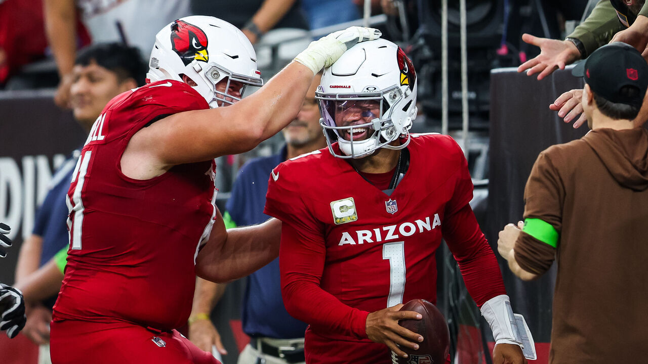 GLENDALE, ARIZONA - NOVEMBER 12: Carter O'Donnell #61 of the Arizona Cardinals celebrates with quarterback Kyler Murray #1 after Murray’s rushing touchdown in the second quarter of a game against the Atlanta Falcons at State Farm Stadium on November 12, 2023 in Glendale, Arizona.