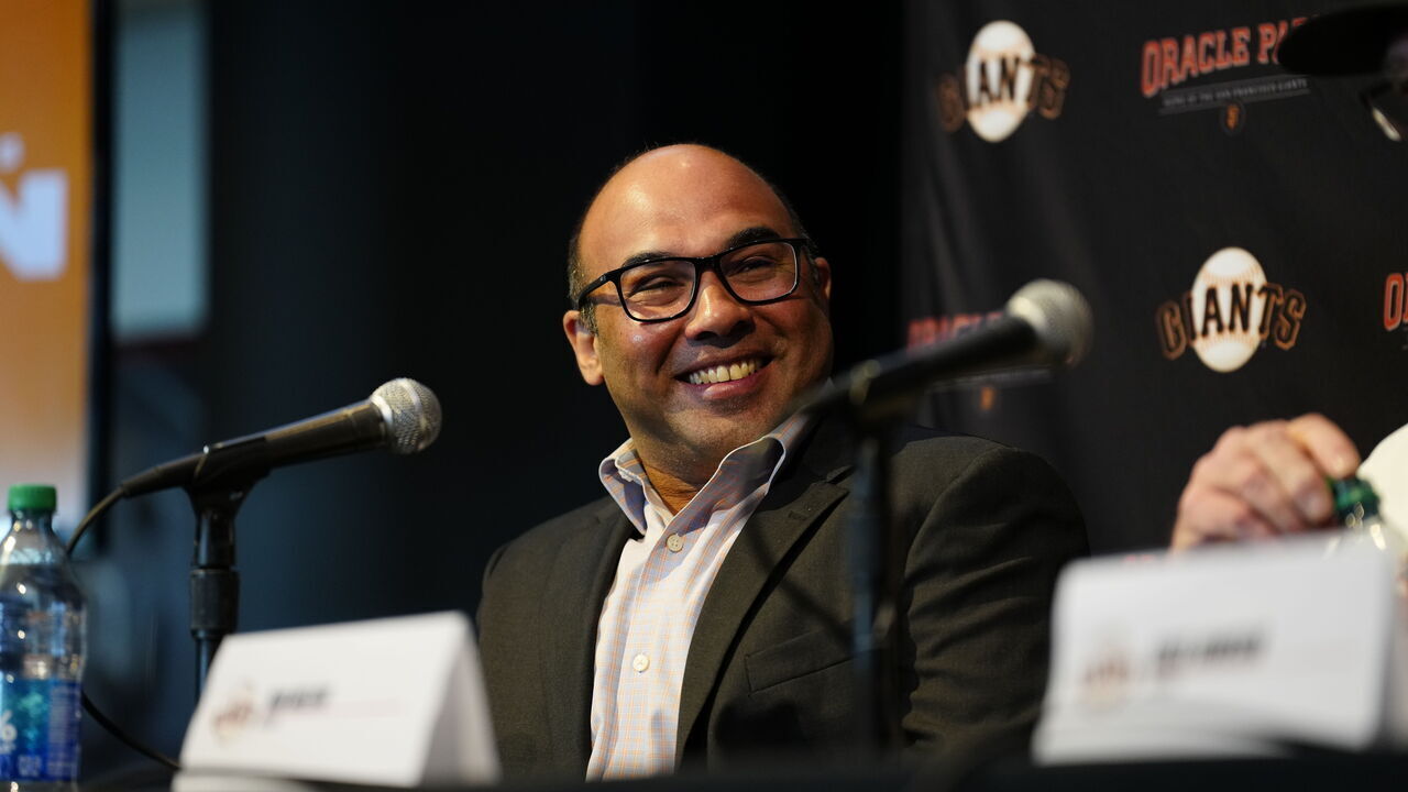 SAN FRANCISCO, CALIFORNIA - OCTOBER 25: Farhan Zaidi of the San Francisco Giants speaks during a press conference announcing Bob Melvin being hired as manager at Oracle Park on October 25, 2023 in San Francisco, California.