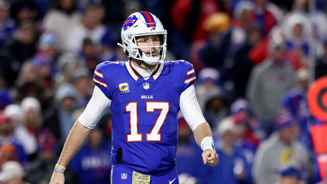 ORCHARD PARK, NEW YORK - NOVEMBER 13: Josh Allen #17 of the Buffalo Bills looks on during the third quarter against the Denver Broncos at Highmark Stadium on November 13, 2023 in Orchard Park, New York.