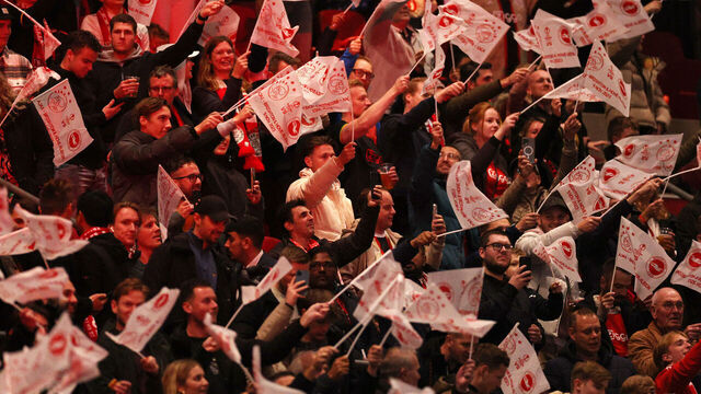 AMSTERDAM, NETHERLANDS - NOVEMBER 09: Fans of Ajax show their support by waving flags prior to the UEFA Europa League 2023/24 match between AFC Ajax and Brighton & Hove Albion at Johan Cruijff Arena on November 09, 2023 in Amsterdam, Netherlands.