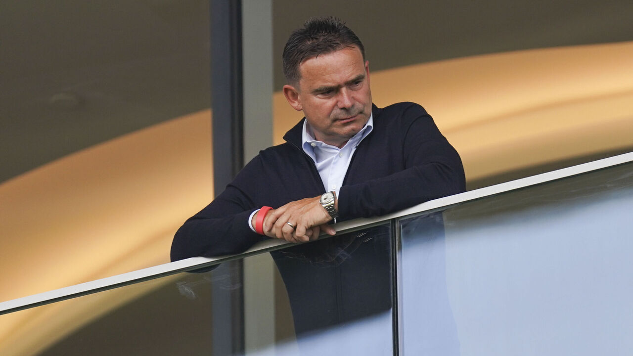 ANTWERPEN, BELGIUM - JULY 23: Marc Overmars of Royal Antwerp FC looks on during the Belgium Pro League Supercup match between Royal Antwerp FC and KV Mechelen at the Bosuilstadion on July 23, 2023 in Antwerpen, Belgium.