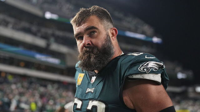 PHILADELPHIA, PENNSYLVANIA - NOVEMBER 5: Jason Kelce #62 of the Philadelphia Eagles looks on against the Dallas Cowboys at Lincoln Financial Field on November 5, 2023 in Philadelphia, Pennsylvania.