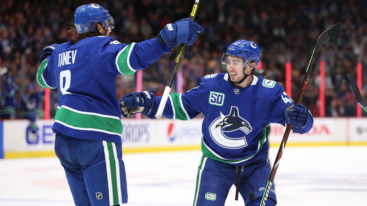 VANCOUVER, BC - OCTOBER 09: Christopher Tanev #8 of the Vancouver Canucks celebrates his goal against the Los Angeles Kings with teammate Quinn Hughes #43 during the third period at Rogers Arena on October 9, 2019 in Vancouver, Canada.