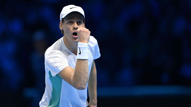 TURIN, ITALY - NOVEMBER 16: Jannik Sinner of Italy celebrates a point against Holger Rune of Denmark during the Men's Singles Round Robin match on day five of the Nitto ATP Finals at Pala Alpitour on November 16, 2023 in Turin, Italy.