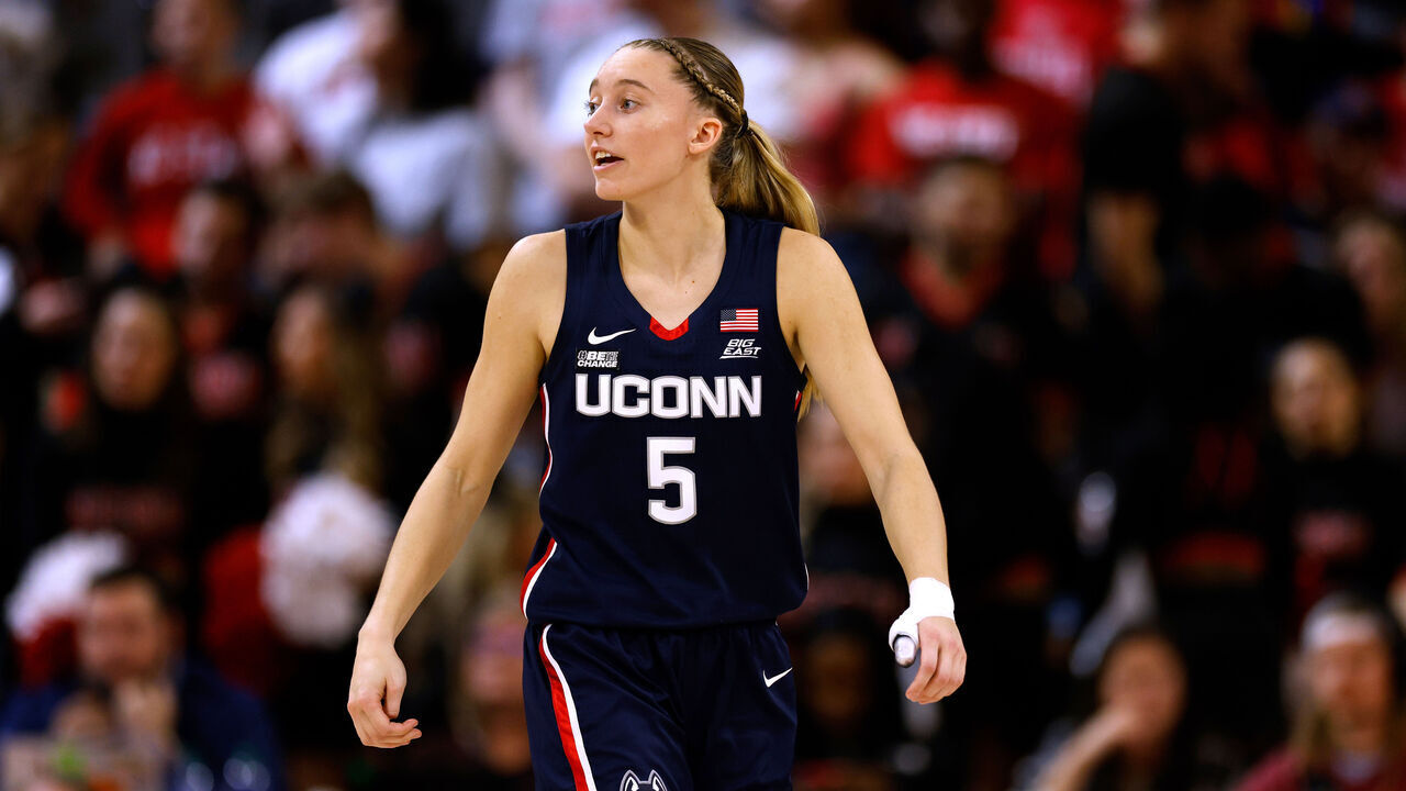 RALEIGH, NORTH CAROLINA - NOVEMBER 12: Paige Bueckers #5 of the UConn Huskies looks on during their game against the NC State Wolfpack at Reynolds Coliseum on November 12, 2023 in Raleigh, North Carolina. NC State won 92-81.
