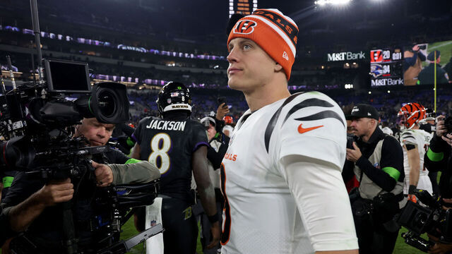 BALTIMORE, MARYLAND - NOVEMBER 16: Joe Burrow #9 of the Cincinnati Bengals reacts after being defeated by the Baltimore Ravens in the game at M&T Bank Stadium on November 16, 2023 in Baltimore, Maryland.