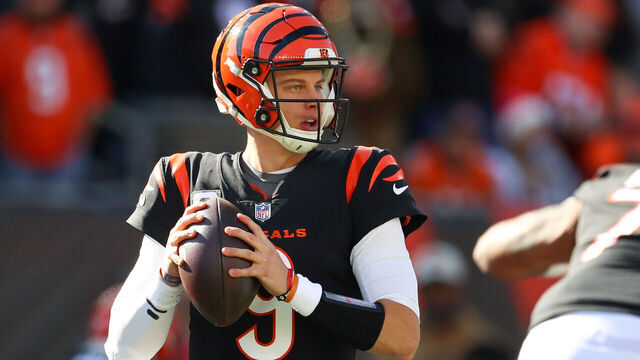 CINCINNATI, OH - NOVEMBER 12: Cincinnati Bengals quarterback Joe Burrow (9) looks to pass during the game against the Houston Texans and the Cincinnati Bengals on November 12, 2023, at Paycor Stadium in Cincinnati, OH.