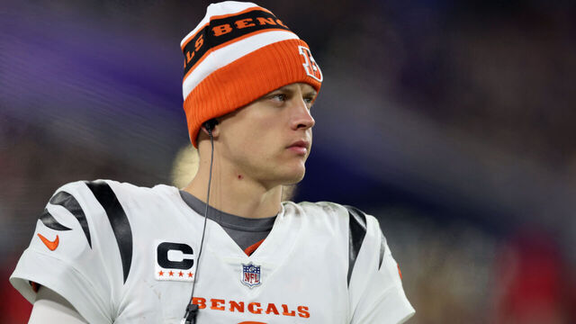 BALTIMORE, MARYLAND - NOVEMBER 16: Joe Burrow #9 of the Cincinnati Bengals looks on from the sidelines against the Baltimore Ravens during the fourth quarter of the game at M&T Bank Stadium on November 16, 2023 in Baltimore, Maryland.