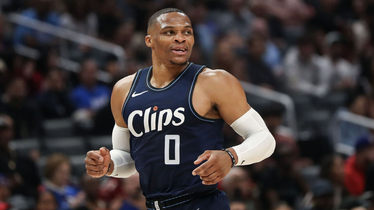 LOS ANGELES, CALIFORNIA - NOVEMBER 12: Russell Westbrook #0 of the LA Clippers looks on in the first half against the Memphis Grizzlies at Crypto.com Arena on November 12, 2023 in Los Angeles, California.