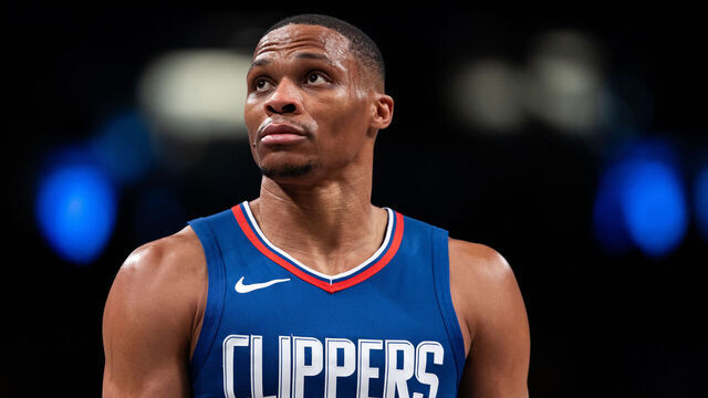 NEW YORK, NEW YORK - NOVEMBER 08: Russell Westbrook #0 of the Los Angeles Clippers looks on during the third quarter of the game against the Brooklyn Nets at Barclays Center on November 08, 2023 in the Brooklyn borough of New York City.