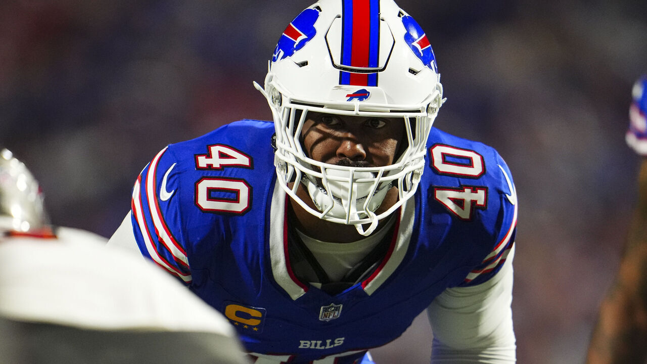 ORCHARD PARK, NY - OCTOBER 26: Von Miller #40 of the Buffalo Bills lines up during an NFL football game against the Tampa Bay Buccaneers at Highmark Stadium on October 26, 2023 in Orchard Park, New York.
