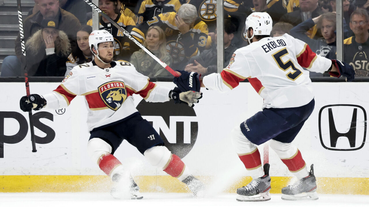 BOSTON, MA - APRIL 30: Florida Panthers defenseman Brandon Montour (62) reacts to his goal with Florida Panthers defenseman Aaron Ekblad (5) during Game 7 of an Eastern Conference First Round playoff contest between the Boston Bruins and the Florida Panthers on April 30, 2023, at TD Garden in Boston, Massachusetts.
