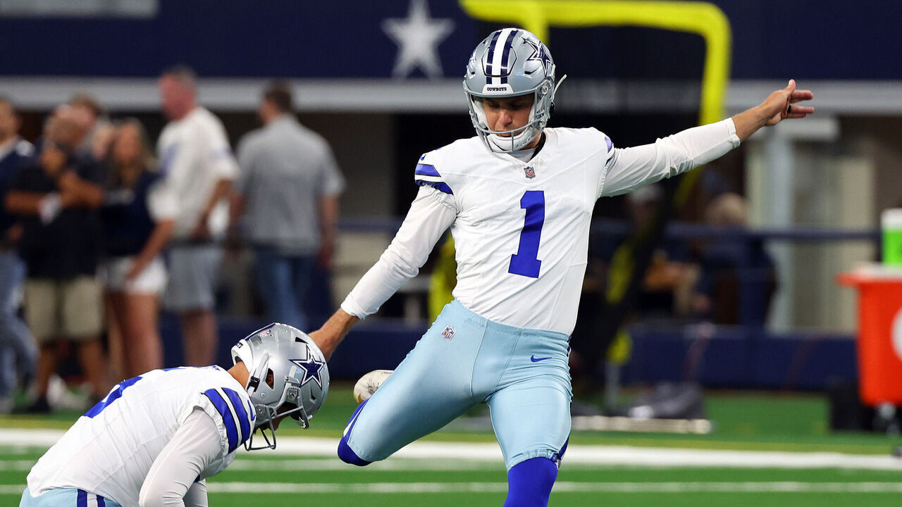 ARLINGTON, TEXAS - AUGUST 26: Brandon Aubrey #1 of the Dallas Cowboys takes practice kicks before a preseason game against the Las Vegas Raiders at AT&T Stadium on August 26, 2023 in Arlington, Texas.