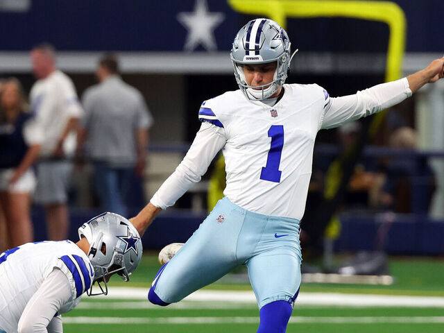 ARLINGTON, TEXAS - AUGUST 26: Brandon Aubrey #1 of the Dallas Cowboys takes practice kicks before a preseason game against the Las Vegas Raiders at AT&T Stadium on August 26, 2023 in Arlington, Texas.