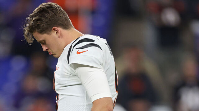 BALTIMORE, MARYLAND - NOVEMBER 16: Joe Burrow #9 of the Cincinnati Bengals looks on before playing against the Baltimore Ravens during the second quarter of the game at M&T Bank Stadium on November 16, 2023 in Baltimore, Maryland.