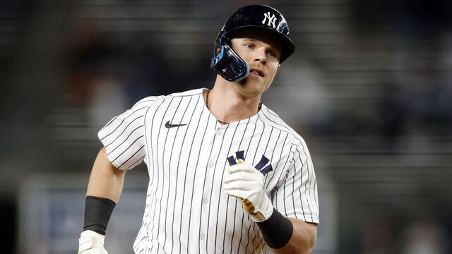 NEW YORK, NEW YORK - SEPTEMBER 21: Jake Bauers #61 of the New York Yankees rounds the bases after hitting a three-run home run during the first inning of the game against the Toronto Blue Jays at Yankee Stadium on September 21, 2023 in the Bronx borough of New York City.
